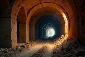 The air is thick with dust as a tunnel winds its way through the earth, supported by sturdy pillars, worn, pillars, decayed