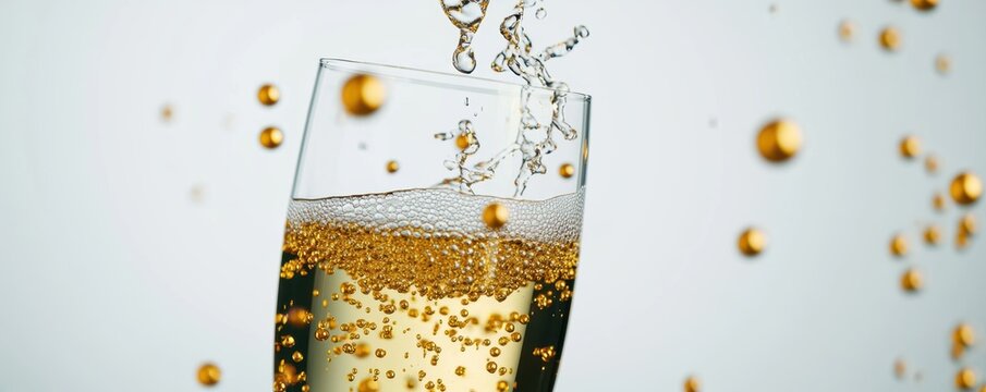 Crystal-clear flutes with golden champagne clinking, bubbles rising, symbolizing luxury, success, and joyous gatherings