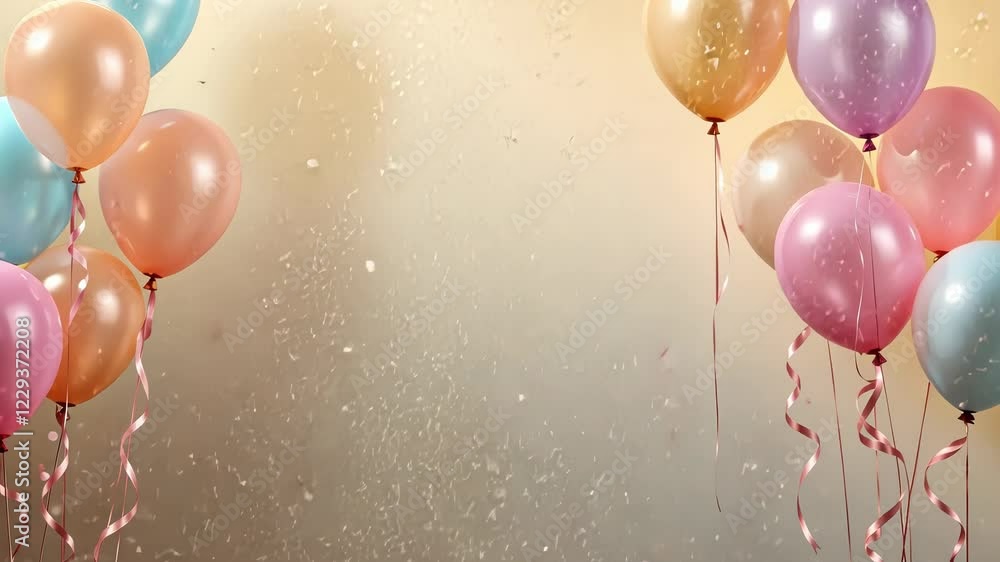 Poster pastel-colored balloons with ribbons floating on a soft white background perfect for gentle and char