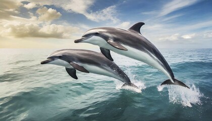 Fototapeta premium AI generated, animal, animals, mammal, mammals, biotope, habitat, two, foraging, wildlife, dolphin, elfine, dolphin, dolphins (Delphinidae) (Delphinus delphis), sideways