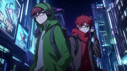 Obraz premium Cyberpunk Anime – Cool Red-Haired Characters in Futuristic Cityscape