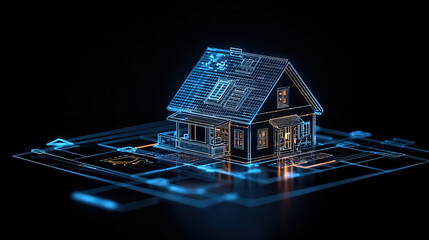 Futuristic hologram of 3D house design with blueprints, showcasing architectural details and modern technology. This innovative concept represents smart home design