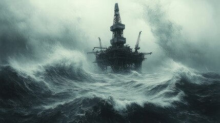 Fototapeta premium Offshore rig endures raging storm, powerful waves crash.