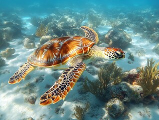 Fototapeta premium Graceful sea turtle swimming in clear tropical waters surrounded by corals and aquatic vegetation, showcasing natural underwater beauty and marine life