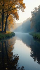 The calm Arkansas stream in a shroud of morning fog, landscape, reflection,