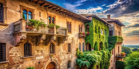 Obraz premium Capture Verona's romance: Juliet's balcony, panoramic views, Italian Renaissance architecture, historic charm.