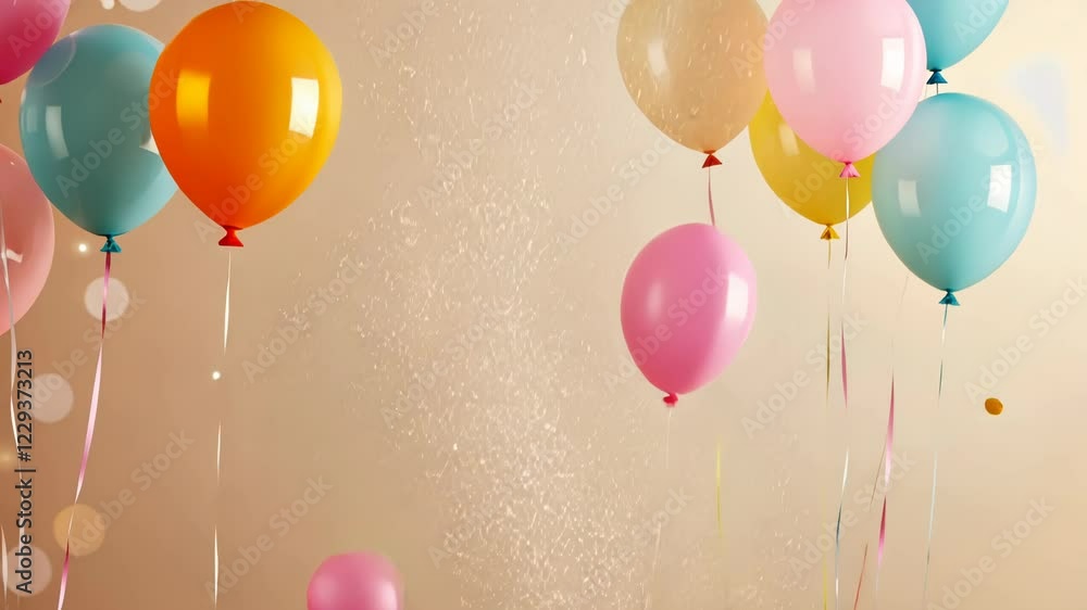 Poster pastel-colored balloons with ribbons floating on a soft beige background perfect for gentle and char