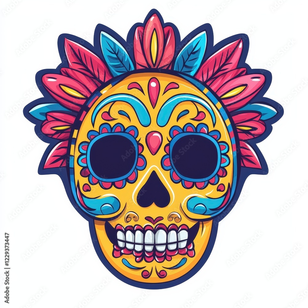 Poster vibrant colorful skull design with floral elements and intricate patterns