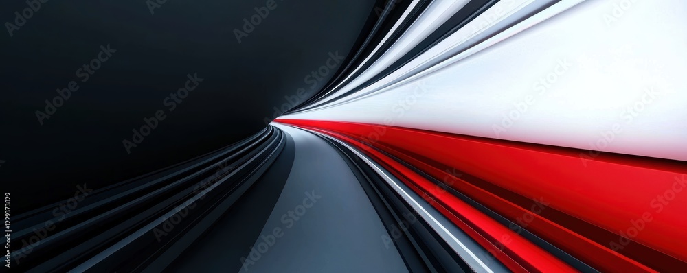 Poster flowing red and white light beams creating a sense of movement and depth against a minimalist dark c