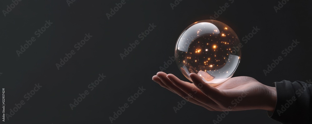 Poster futuristic concept of an ai agent displayed inside a transparent orb resting on a hand, with glowing