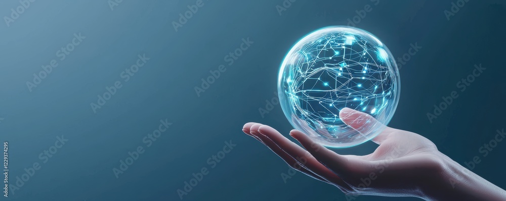 Poster futuristic concept of an ai agent displayed inside a transparent orb resting on a hand, with glowing