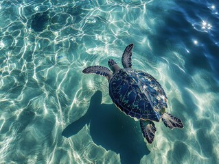 Fototapeta premium Graceful Sea Turtle Swimming in Crystal Clear Water, Capturing the Beauty of Underwater Life in a Sunlit Ocean Environment