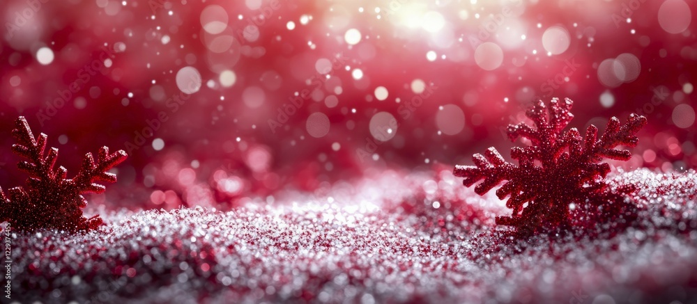 Poster two red snowflakes resting on a frosty red surface with sparkling details, ai generated