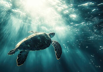 Fototapeta premium Graceful Sea Turtle Swimming in Sunlit Waters, Capturing the Essence of Marine Life and Natural Beauty in a Serene Ocean Environment