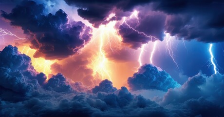 Thunderstorm erupts with electric fury as lightning streaks through dark clouds. Fiery orange and deep blue flashes illuminate the storm, highlighting its immense power and chaos