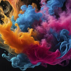 Obraz premium Vibrant colorful smoke clouds in pink, blue, and orange hues on a dark background, creating an abstract display, AI generated
