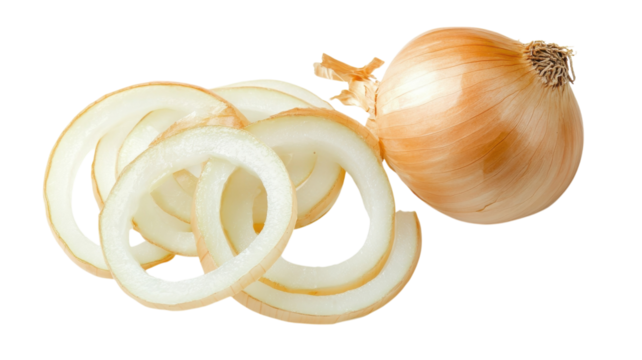 Fresh onions sliced and arranged on a clean surface ready for cooking or garnish