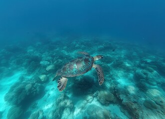 Obraz premium Graceful Sea Turtle Swimming Over Vibrant Coral Reef Under Clear Blue Ocean Waters in Tropical Marine Environment