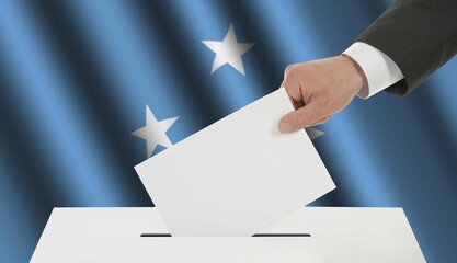The Micronesia flag and the hand with the bulletin about the ballot box