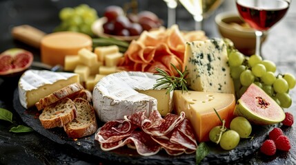 Elegant charcuterie board with assorted cheeses, grapes, figs, and wine, AI generated
