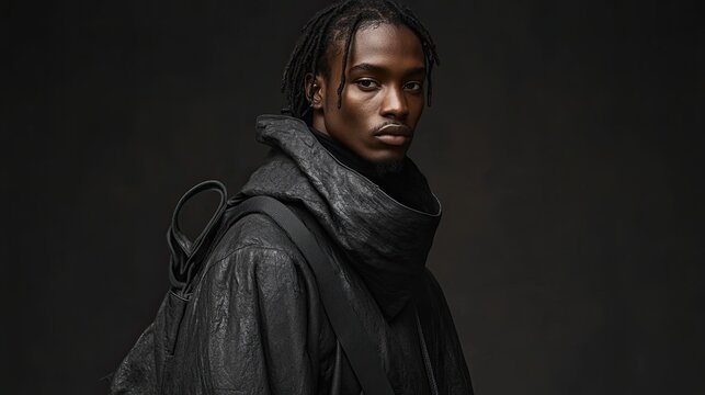 A young man with dreadlocks wearing a black hooded coat and a backpack, looking intensely at the camera against a dark background. - Powered by Adobe