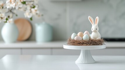 easter dessert table, a modern kitchen showcases an easter dessert spread with chocolate nests, themed cookies, and a festive bunny centerpiece