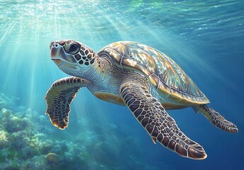 Fototapeta premium Graceful Sea Turtle Swimming Through Clear Ocean Waters with Sunlight Streaming Down and Vibrant Underwater Background, Perfect for Nature and Marine Life Projects