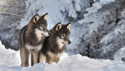 Fototapeta premium KI generated, Germany, European wolf, animal, animals, mammal, mammals, biotope, habitat, foraging, wildlife, ice, winter, snow, winter forest, black timber wolf, two, animal cubs, female, (Canis lupus lycaon), Bavarian Forest, female and young, Europe