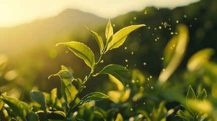 Obraz premium Green tea tree young tender shoots herbal Green tea tree on organic farm .Realistic background with green tea leaves Nature fresh effect with herbal leaves in the air.