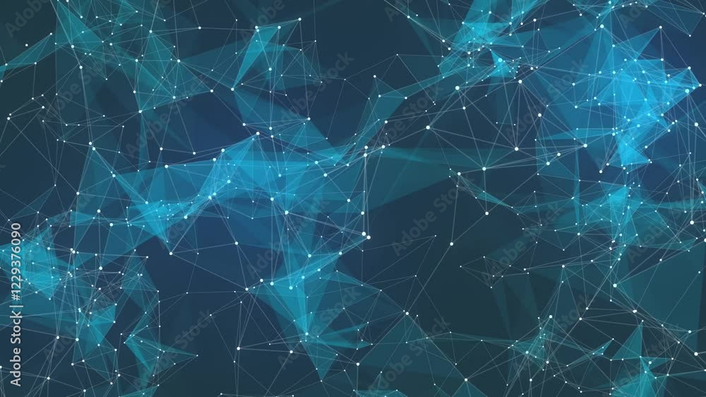Poster connected dots and lines on blue background. network communication and technology concept with movin