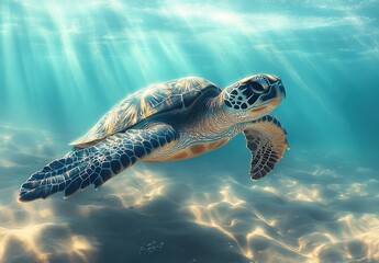 Obraz premium Graceful Sea Turtle Swimming Through Crystal Clear Ocean Water Beneath Rays of Sunlight Illuminating Serene Underwater Scene