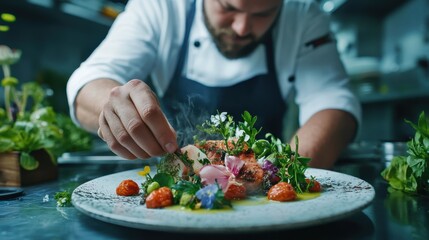 A gourmet chef plating a beautifully presented dish in a fine dining restaurant.