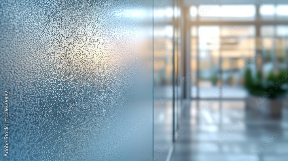 Poster morning sunlight casts soft shadows as it meets a frosted glass surface, creating a serene ambiance 