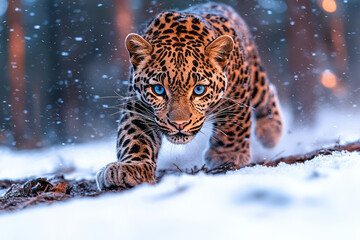 Fototapeta premium A rare Amur leopard stealthily moving through a snowy forest, highlighting its elusive nature and the importance of preserving its dwindling habitat,