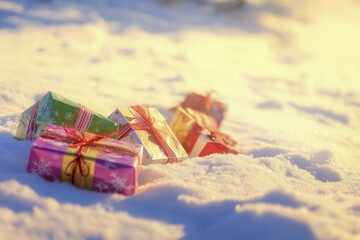 A row of colourfully wrapped presents lying in a snow-covered landscape. AI generated, AI generated, AI generated