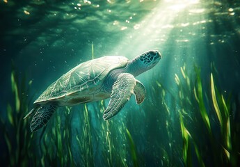 Fototapeta premium Graceful Sea Turtle Swimming Through Sunlit Waters Surrounded by Lush Green Seaweed in Vibrant Underwater Environment