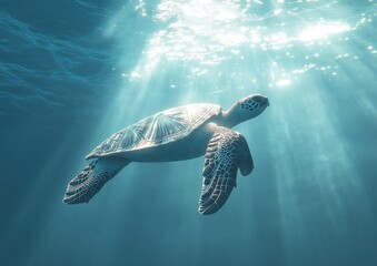 Obraz premium Graceful Sea Turtle Swimming Through Sunlit Ocean Waters in a Vibrant Underwater Scene Captured from Below for Nature and Wildlife Photography
