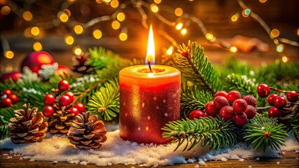 Macro photography reveals Christmas candle's festive glow; close-up details illuminate holiday cheer.