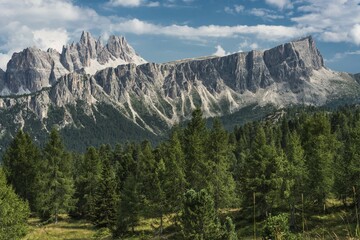 Fototapeta premium View from the mountain Nuvolau towards rock group Lastoi di Formin, Giau Pass, Croda di Lago behind, 2709 m, Ampezzo Dolomites, Alps, Veneto, Italy, Europe