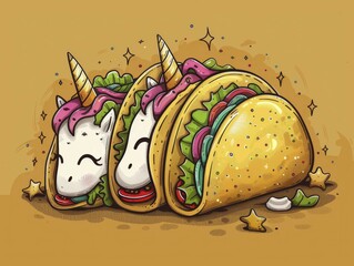 Two smiling unicorn tacos on a whimsical golden background, ai generated, AI generated