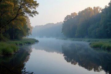 The calm Arkansas stream in a shroud of morning fog, serene, scenery