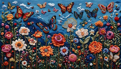 Butterfly and Flowers Embroidery Art