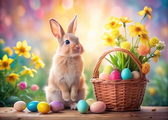 Cute bunny illustration!  Spring's festive basket complements this adorable watercolor Easter bunny portrait.