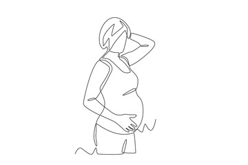Pregnant woman holding stomach. Pregnant women getting ready for baby concept one-line drawing