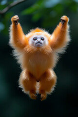 Fototapeta premium A vibrant photograph of a golden langur leaping between tree branches in Indiaâ€™s northeastern forests, calling attention to habitat fragmentation,