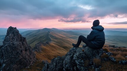 A peaceful sunrise hike with a panoramic view of the mountains.