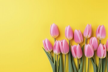 Pink tulip spring flowers on yellow background with copy spaceKI generiert, generiert AI generated