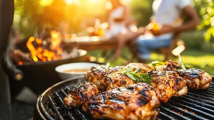 Grilled spicy chicken thighs on a plate, Family enjoying outdoors. The focus is on the grill, with sauces and meat dishes
