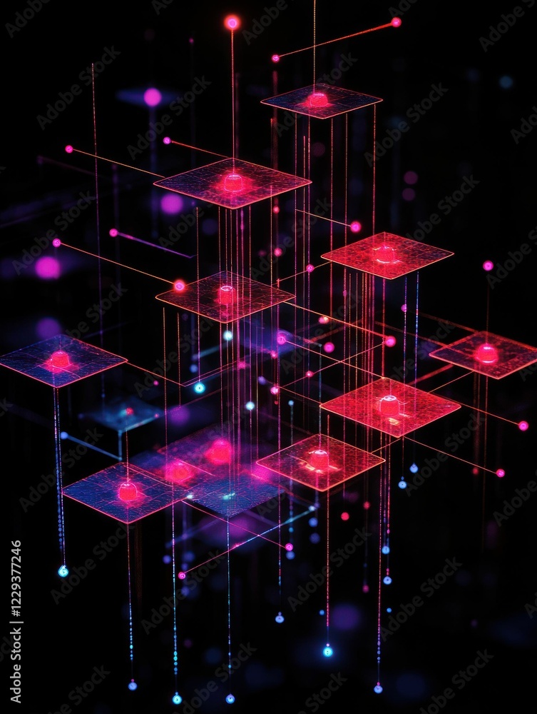 Poster abstract data network with glowing nodes and lines in a dark virtual space
