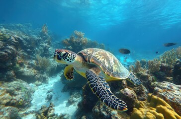 Obraz premium Graceful Sea Turtle Swimming Through Vibrant Coral Reef with Clear Blue Water in Tropical Underwater Habitat